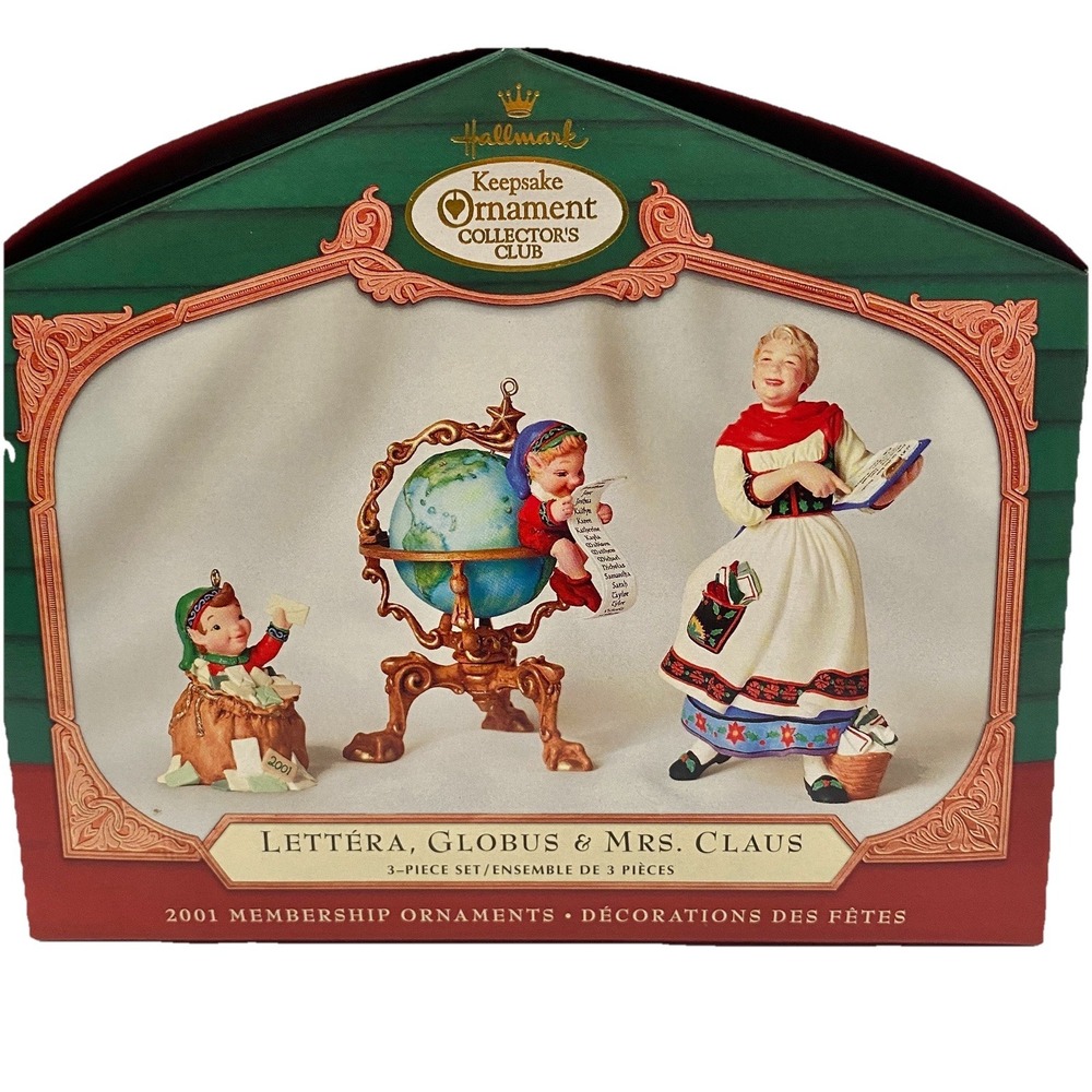 Hallmark Keepsake 2001 Membership Ornaments Lettera Globus Mrs Claus 3 Piece Set